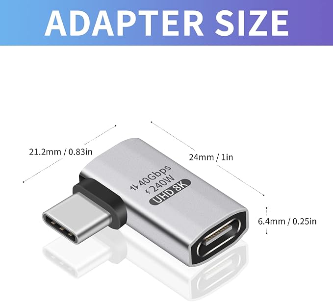 Duttek 240W Right Angle USB C Adapter, 40Gbps USB C 90 Degree Adapter Male to Female with 8K 60Hz Video ompatible for Thunderbolt 3/4, Switch, MacBookPro/Air, ipad and More Type C Devices (2 Pack)