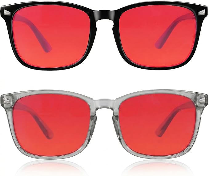 2 Packs Professional Sleep Glasses with 99.9% Blue Light Blocking Dual AR Coatings Red Lens, Computer Gaming Glasses for Men Women, Anti Fatigue & Eye Strain