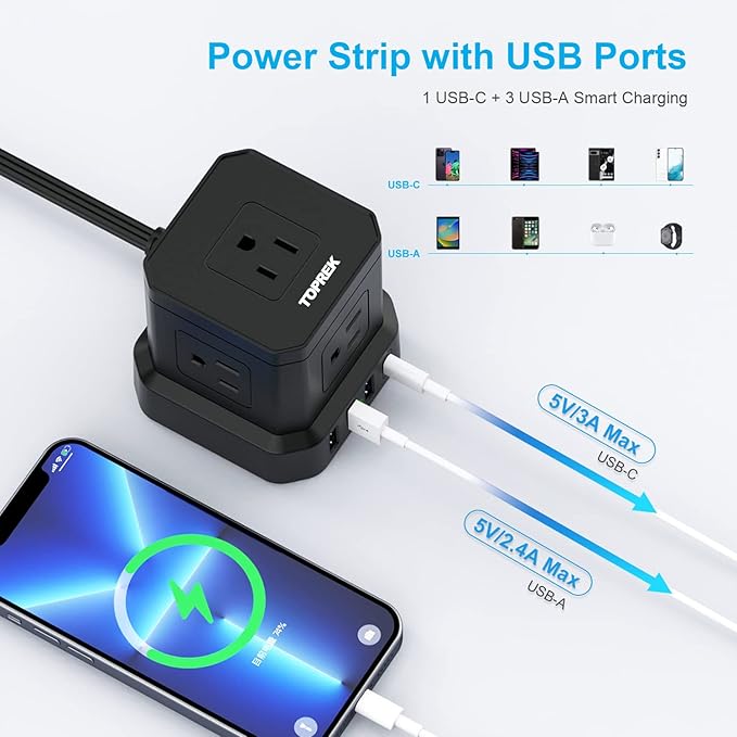 TOPREK Power Strip with USB, USB C (3.0A) Power Strip with 5 Outlets, 1 USB-C & 3 USB-A, 5 FT Flat Extension Cord with Ultra Thin Flat Plug, Surge Protector Compact for Home Office, Dorm, Hotel Travel