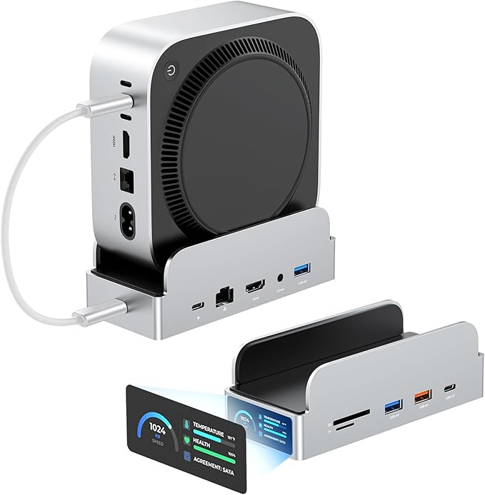 MiniDock Mac mini M4 Dock and Stand, 11-in-1 USB-C Hub with 8TB M.2 NVMe SSD Enclosure, Smart Display, 4K@60Hz HDMI, Gigabit Ethernet, SD/TF, 3.5mm Audio, PD Charging, for Mac mini/Pro/Air/Windows