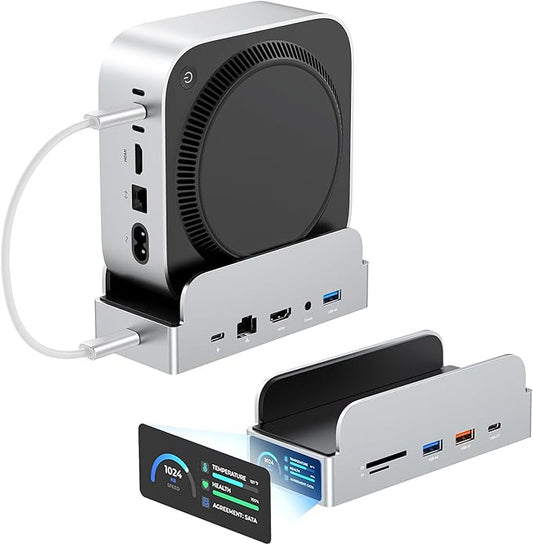 MiniDock Mac mini M4 Dock and Stand, 11-in-1 USB-C Hub with 8TB M.2 NVMe SSD Enclosure, Smart Display, 4K@60Hz HDMI, Gigabit Ethernet, SD/TF, 3.5mm Audio, PD Charging, for Mac mini/Pro/Air/Windows