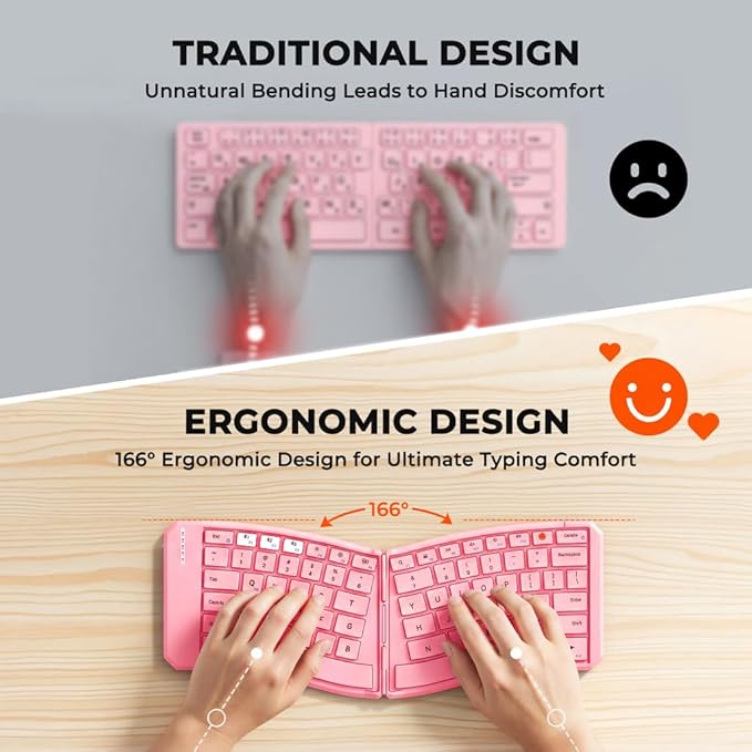 MEETION Ergonomic Foldable Bluetooth Keyboard, Split Compact Portable Keyboard for Business Travel, Ultra-Thin Folding Rechargeable Wireless Keyboards for iOS Android Windows Mac Tablet PC, Pink