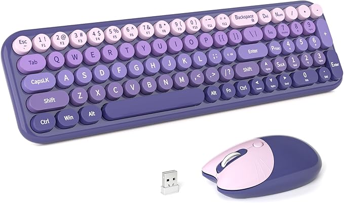 MOFII Wireless Keyboard and Mouse Combo, Compact Typewriter Retro Round Computer Keyboard and Mouse Set, Plug and Play, for Windows, Computer, Desktop, PC, Notebook - (Purple Gradient)