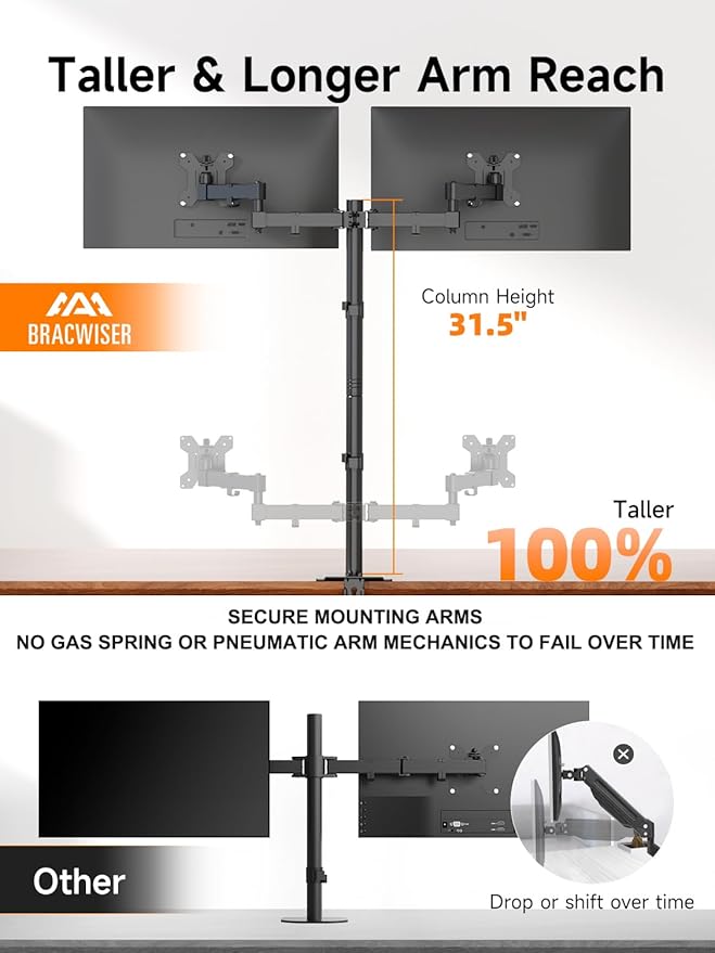 Bracwiser Dual Fully Adjustable Monitor Arm Stand Mount 31.5 Inch Tall Pole Fits Two Screen 13-27 inch 22lbs for Monitor Computer Screen 13 15 17 19 20 22 23 24 26 27 inch VESA 75 100 (MD7842)