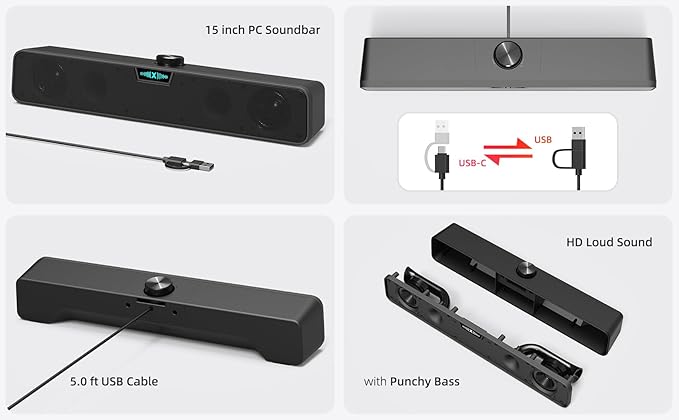 Computer Speakers Soundbar for Desktop PC Mac, USB Plug-in, Wired, External Speakers for Laptop Desk Monitor, RGB Gaming Sound bar with HD Stereo Loud Sound, Punchy Bass, Volume Knob, USB C Adapter