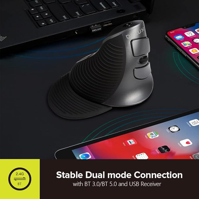 DELUX Ergonomic Vertical Mouse Wireless, Rechargeable Vertical Mouse, Bluetooth/2.4G Dual Mode, Slient Click, Removable Wrist Rest, 800/1200/1600DPI Levels, 6 Buttons, for Laptop/PC (M618G DB-Black)
