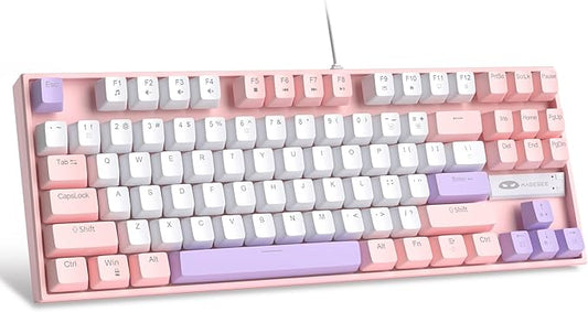 MageGee 75% Mechanical Gaming Keyboard, Red Switch, LED Blue Backlit, 87 Keys Compact TKL Wired Computer Keyboards for Windows Laptop PC Gamer - White/Pink
