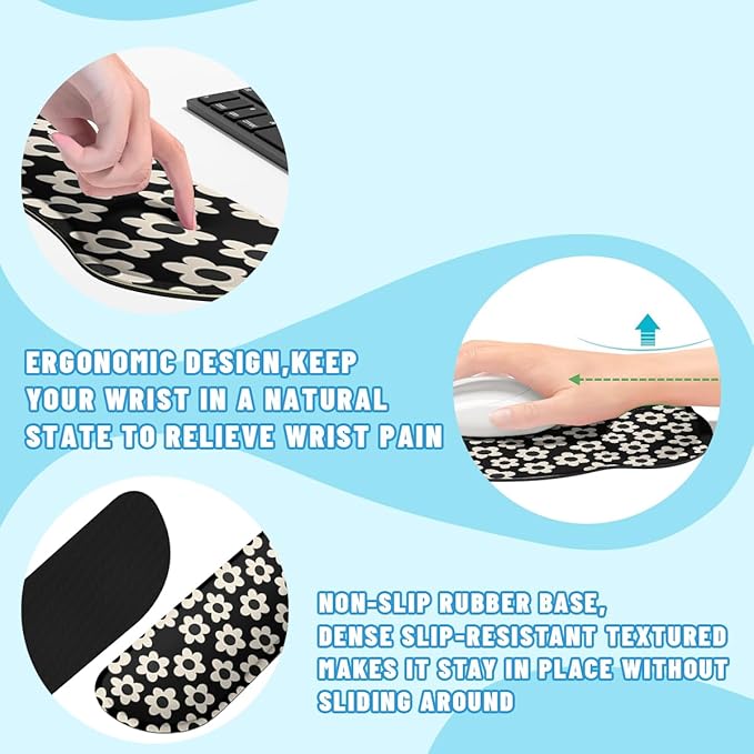 Flowers Mouse Pad Set Minimalist Retro Daisy Gaming Mousepad 4in1 Desk Mat for Desktop Wrist Support Cup Coaster Set Ergonomic Computer Desk Arm Wrist for Decor Home Office