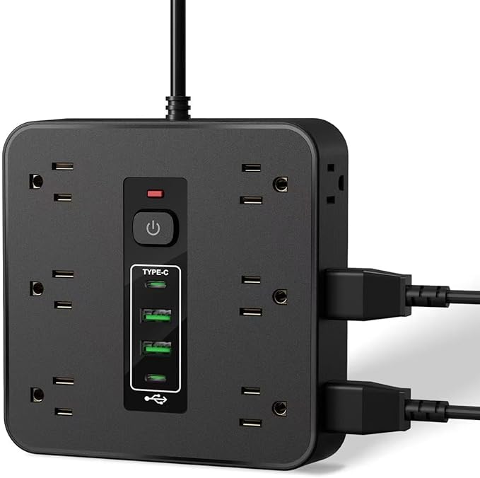 16-in-1 Surge Protector Power Strip with 12 AC Outlets, 4 USB Ports (2 USB-C & 2 USB-A) | 10A Overload Protection, Flat Plug Extension Cord for Home Office Gaming Travel (Black, 6FT)