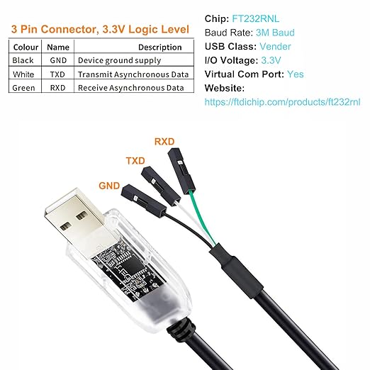 DTECH USB to TTL Serial Cable Adapter FTDI Chip 3.3V 3 Pin LED Indicators UART Debug Converter FT232RNL IC Output 3V3 Signal Level for Windows 11 10 8 7 XP MAC Linux Easy Debugging Programming, 6ft
