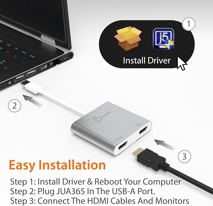j5create USB to HDMI Adapter - Dual HDMI USB 3.0 Multi-Monitor Cable | 4K + 1080p | Compatible with Windows and macOS (JUA365)