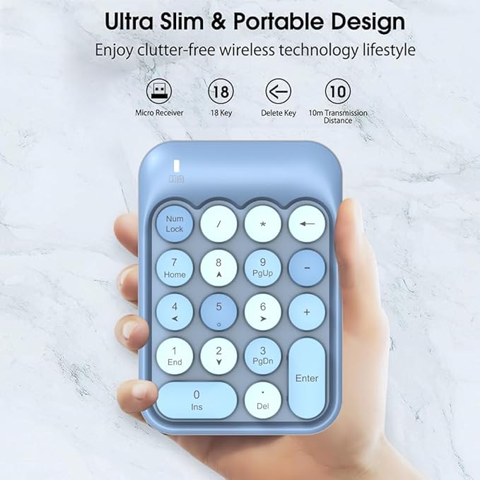 FELICON Wireless Numeric Keypad 18 Keys with 2.4G Mini Portable Silent Number Pad USB Receiver Financial Accounting Keyboard Extensions for Laptop Desktop PC Pro（Blue Mix）