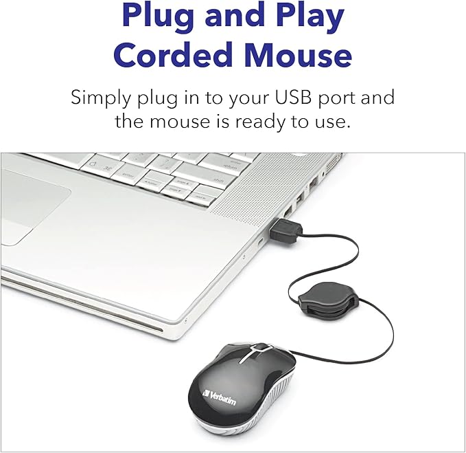 Verbatim Wired Optical Computer Mini USB-A Mouse - Plug & Play Corded Small Travel Mouse with Retractable Cable – Black 98113