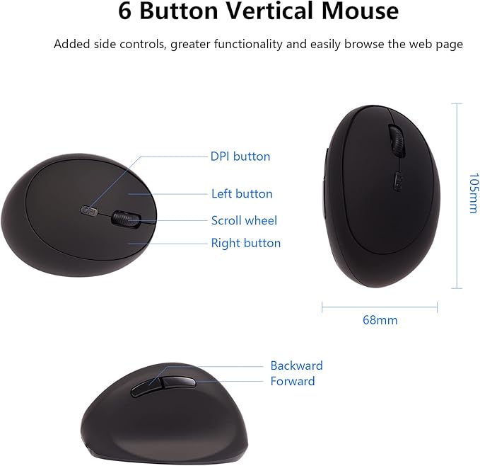 3C Light 2.4G Wireless Vertical Mouse,Ergonomic Vertical Optical Mouse Cute Mini Mice with Adjustable Sensitivity (800/1200/1600 DPI), 6 Buttons for PC, Desktop, Laptop, Notebook (Vertical Black)