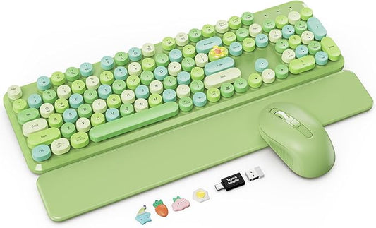 Wireless Keyboard and Mouse Combo with Detachable Magnetic Wrist Rest, Retro Typewriter-Style Keyboard, Round Keycaps, 3-Level DPI Ergonomic Mouse, 2.4GHz for Windows PC/Laptop (Sage Green Mix)
