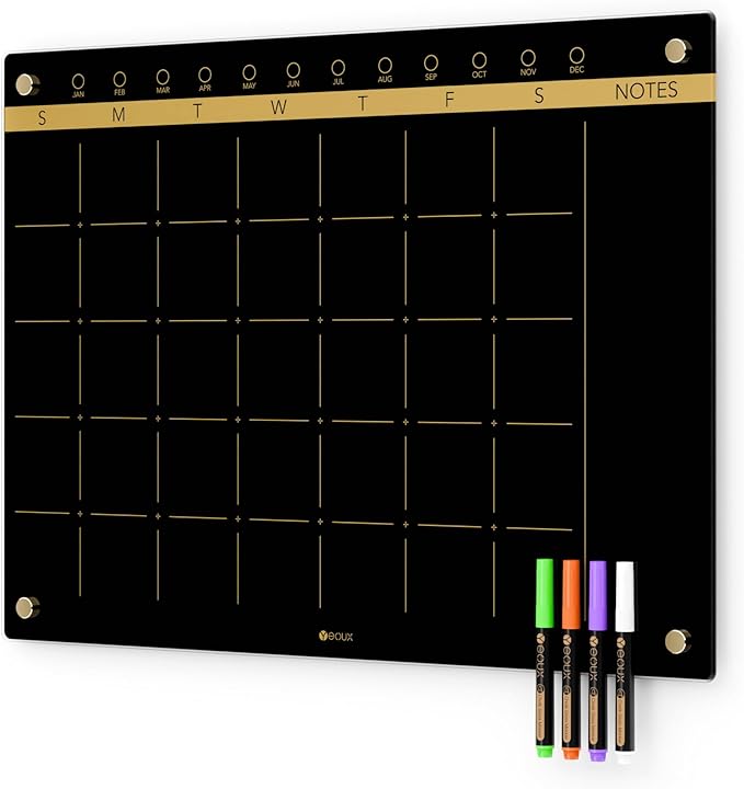 Black Glass Golden Monthly Dry Erase Calendar Whiteboard for Wall, 17" x 23", Frameless Large Planner White Board for Home Kitchen Office, 4 Wet Erase Markers Included, Yeoux