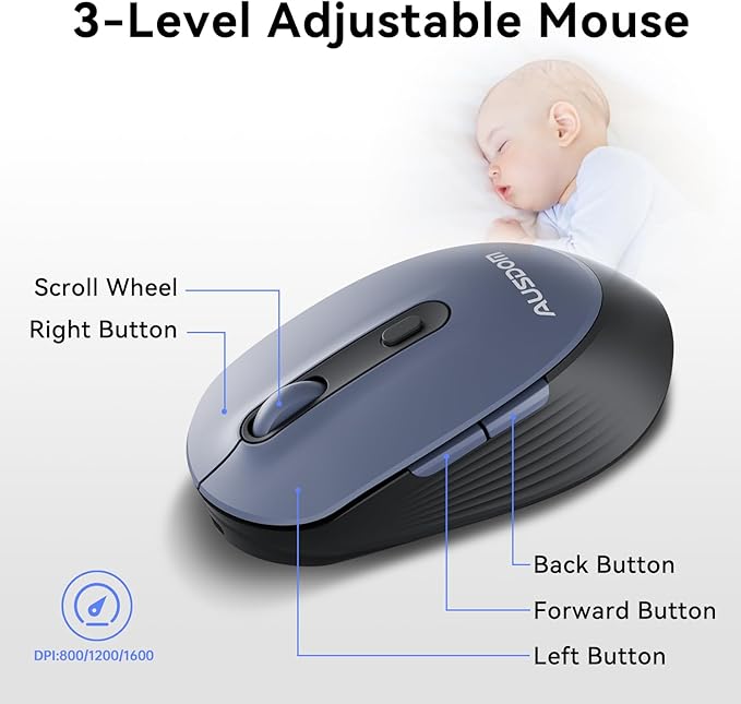 AUSDOM Wireless Keyboard and Mouse Combo - 108 Keys Mechanical Feel, 2.4G Full-Sized Rechargeable Silent Keyboard & 3 DPI Adjustable Mouse, Numeric Keypad, USB Receiver for PC/Laptop/Windows/Mac