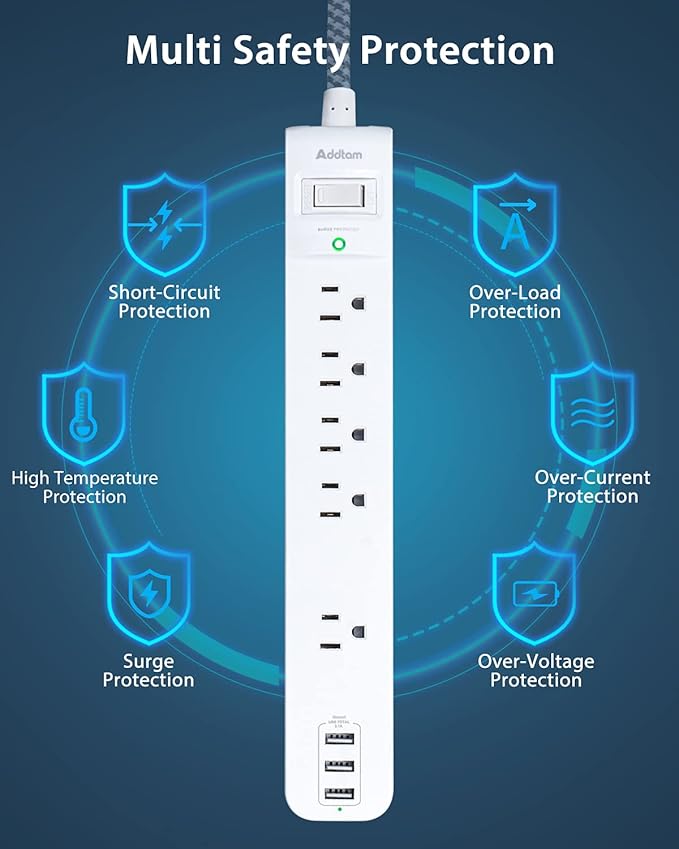 15FT Long Cord Power Strip - Extension Cord Surge Protector, 5 Widely AC Outlets 3 USB Ports, Wall Mount, Flat Plug with Overload Surge Protection for Home, Office, Dorm Room Essentials (2 Pack)