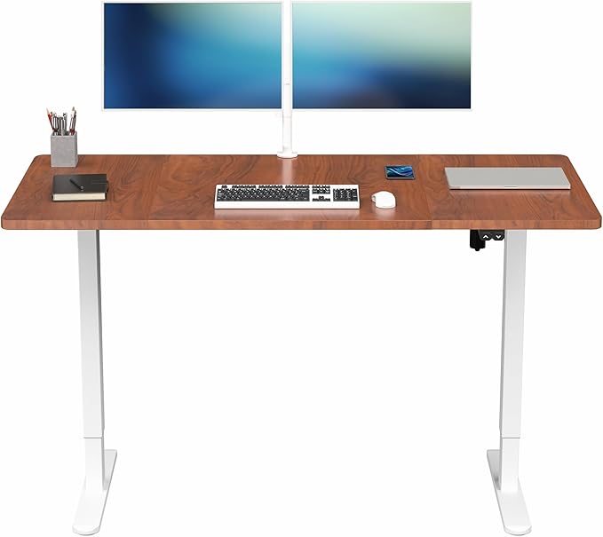 VIVO Electric 60 x 30 inch Stand Up Desk, Height Adjustable, Dark Walnut Top White Frame, Home and Office Furniture Sets, DESK-KIT-0W6D