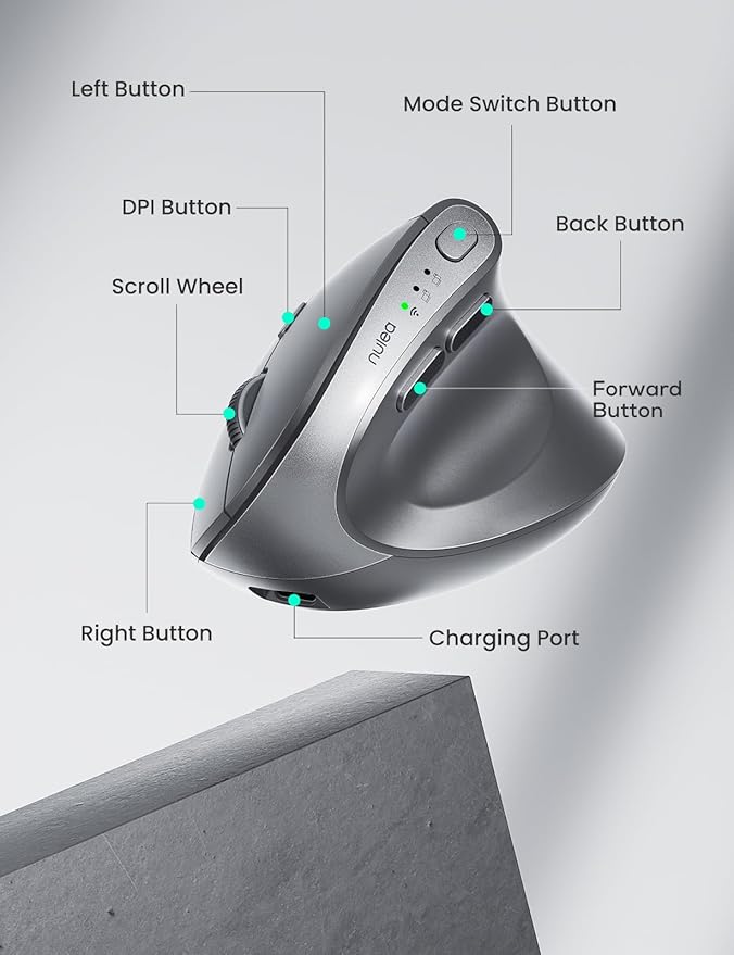 Nulea MD280 Ergonomic Vertical Wireless Mouse - Bluetooth & 2.4G Dual Mode, 4 Adjustable DPI 800/1200/1600/2400, Rechargeable, Silent Clicks, No Lag, 6 Buttons - Perfect for Laptop, Desktop Grey