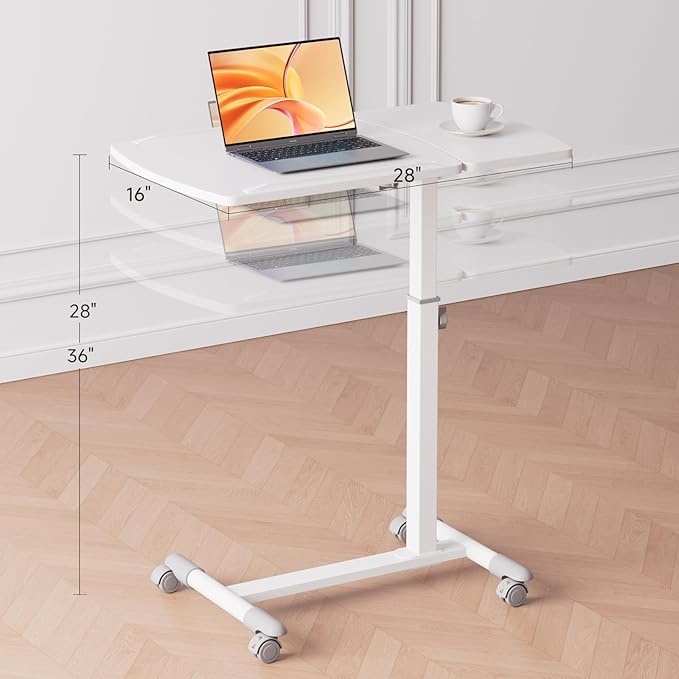 GTPLAYER Mobile Small Standing Desk, Tiltable Sit Stand Portable Rolling Laptop Desk with Lockable Wheels, Adjustable Height Overbed Bedside Table Computer Workstations, White
