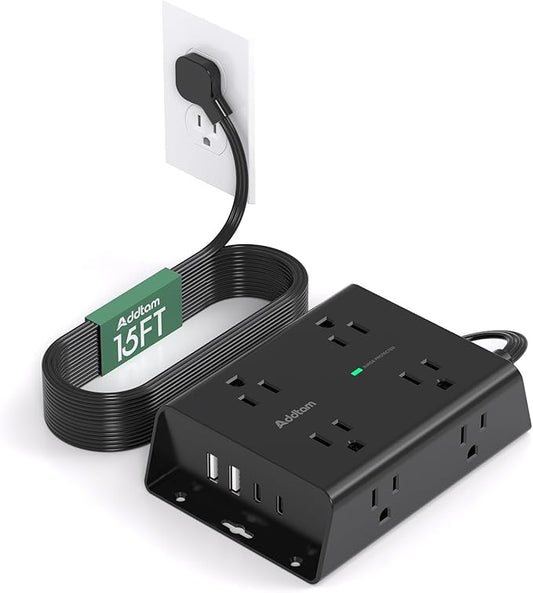 15FT Flat Plug Extension Cord with Multiple Outlets, Surge Protector Power Strip with 8 Outlets 4 USB Ports (2 USB C), Multi Outlet Wall Plug for Home Office College Dorm Room Essentials, Black