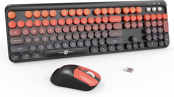 Wireless Keyboard and Mouse Combo - Cute Colorful Keyboard and Mouse, Retro Typewriter Keyboard with 2.4GHz Plug & Play, for Windows 11/10/7, Laptop, PC (Orange)