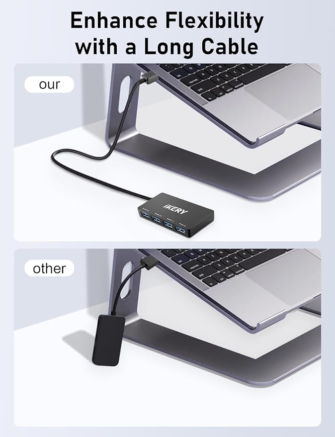 4-Port USB 3.0 Hub, High Speed 5Gbps Data Transfer Hub for Laptop, PC, MacBook - Portable Type-A Ports with 2ft Extended Cable