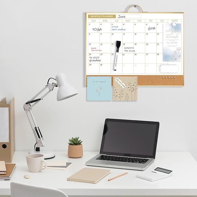 ARCOBIS Dry Erase Calendar with Cork Board for Wall, 12"x16" Double-Sided Calendar Whiteboard & White Board with Gold Frame, Magnetic Monthly Planning Board for Home, Office, School