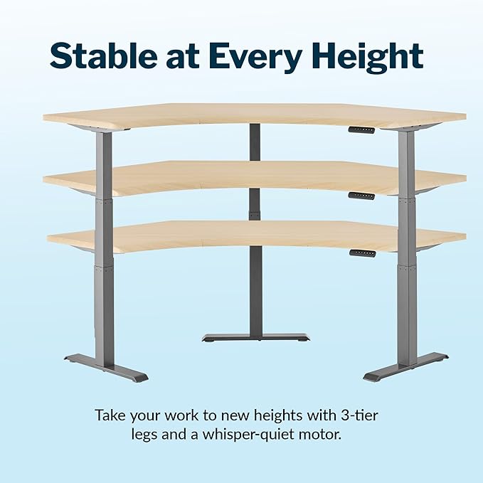 Vari Command Center Electric Standing Desk – 120° Curved Sit-Stand Gaming Desk Corner Workstation for Triple Monitors + Sloped Front Edge, 4 Height Settings, 200 lb Capacity (Light Wood/Slate)