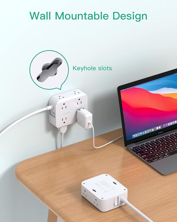 Surge Protector Power Strip 10ft Cord - Flat Plug, Wall Mount, 8 Wide Outlets with 4 USB Ports (1 USB C), Heavy Duty Extension Cord, Charging Station Overload Protection for Home, Office and Dorm
