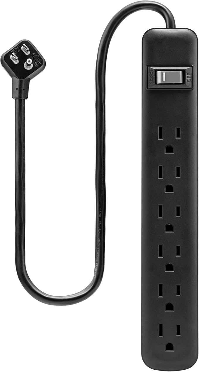 GE 6-Outlet Power Strip, 2 Ft Extension Cord, Heavy Duty Plug, Grounded, Integrated Circuit Breaker, 3-Prong, Wall Mount, ETL Listed, Black, 14831 (Pack of 4)