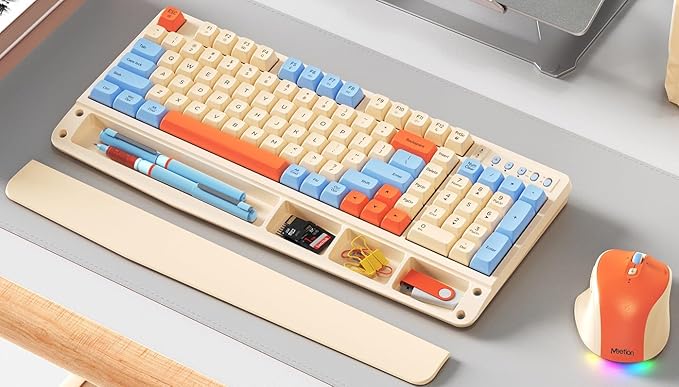MEETION Cute Wireless Keyboard and Mouse, Colorful Retro Keycap, Bluetooth Ergonomic Rechargeable Keyboard with Detachable Wrist Rest Cover, 4 DPI Swing Mouse, for Computer/Laptop/PC/Windows/Mac Cream
