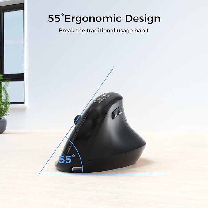 Wireless Ergonomic Mouse with Screen，Bluetooth Vertical Mouse Rechargeable, Quiet Clicks, USB Ergo Design Cordless Mice Compatible for Windows, PC, Laptop, Mac OS, Black