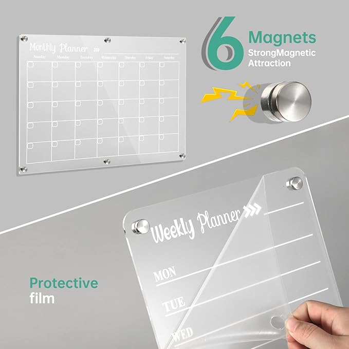 Acrylic Magnetic Dry Erase Board for Fridge, Set of 3 Transparent Monthly & Weekly Planning Boards, Includes 6 Dry Erase Markers, 1 Eraser and Magnetic Pen Holder