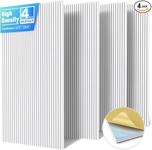 4 Pack Large Acoustic Panels Sound Absorbing with Self-Adhesive, 47.2”*23.6”*0.36” High Density Sound Proof Foam Panels for Walls, 3D Vertical Soundproof Wall Panels for Home Studio Office Decor-White