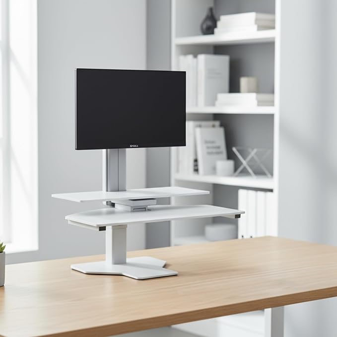 PERFECT POSTURE Sit2Stand Standing Desk Converter with Single Monitor Mount - 18” Height Adjustable Sit-Stand Workstation - Silver/White