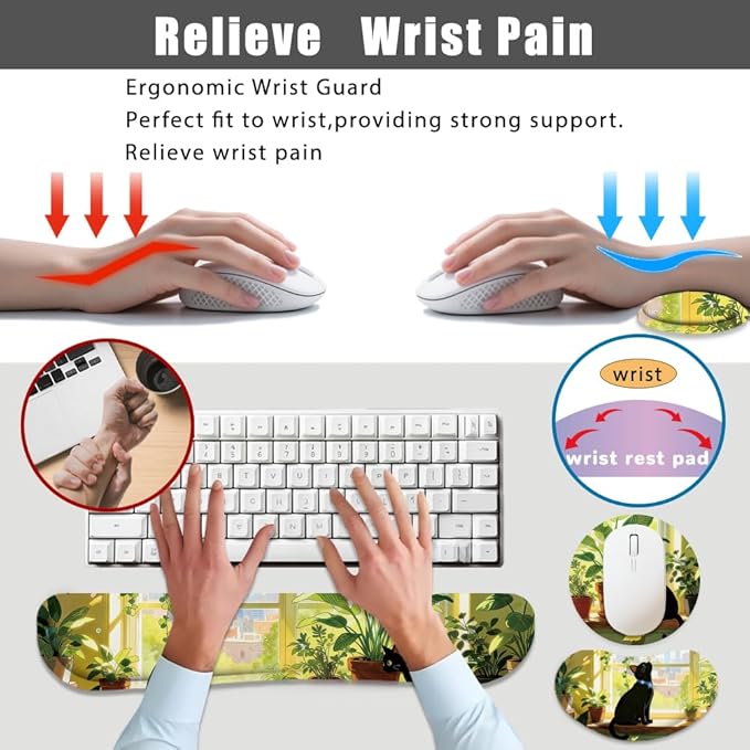 4 in 1 Large Keyboard Wrist Rest Pad, Ergonomic Wrist Rest Set, Cup Coaster, Extended Desk Mat for Home Game Office Desk Decor Accessories(Plant&Cat Pattern)