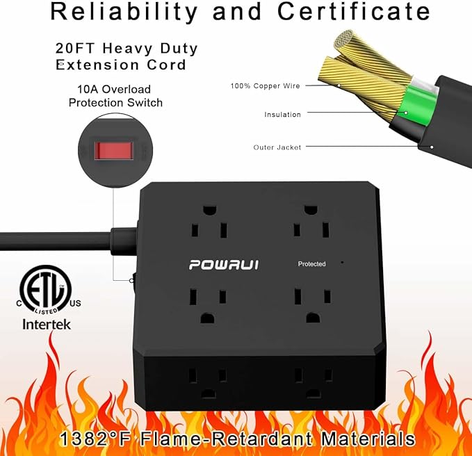 Surge Protector Power Strip - 20 Ft Flat Plug Extension Cord with 8 Widely Outlets and 4 USB Ports(1 USB C), 3 Side Outlet Extender for Home Office, Black, ETL Listed