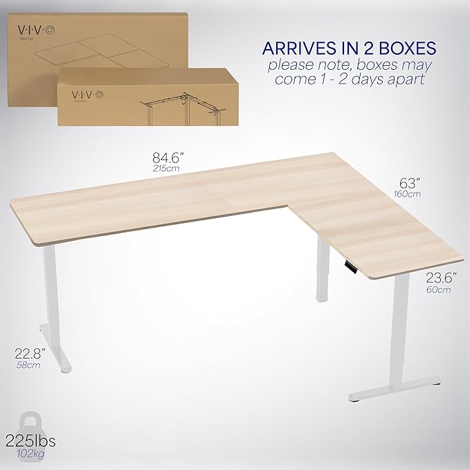 VIVO Corner Standing Desk, 84 x 63 inch Reversible L-Shaped Workstation, Electric Height Adjustment, Home, Office, and Reception Rooms, Light Wood Table Top White Frame, DESK-E3CTWC-84