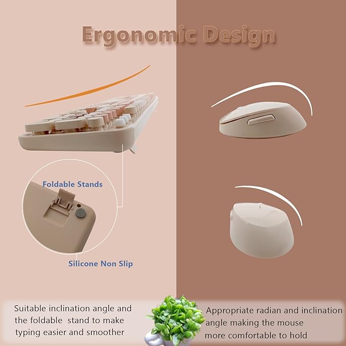 Wireless Keyboard and Mouse Combo, Ergonomic Cute Retro Typewriter Full Size Colorful USB Cordless Keyboard Mouse Set for Gaming and Office (Milk Tea)