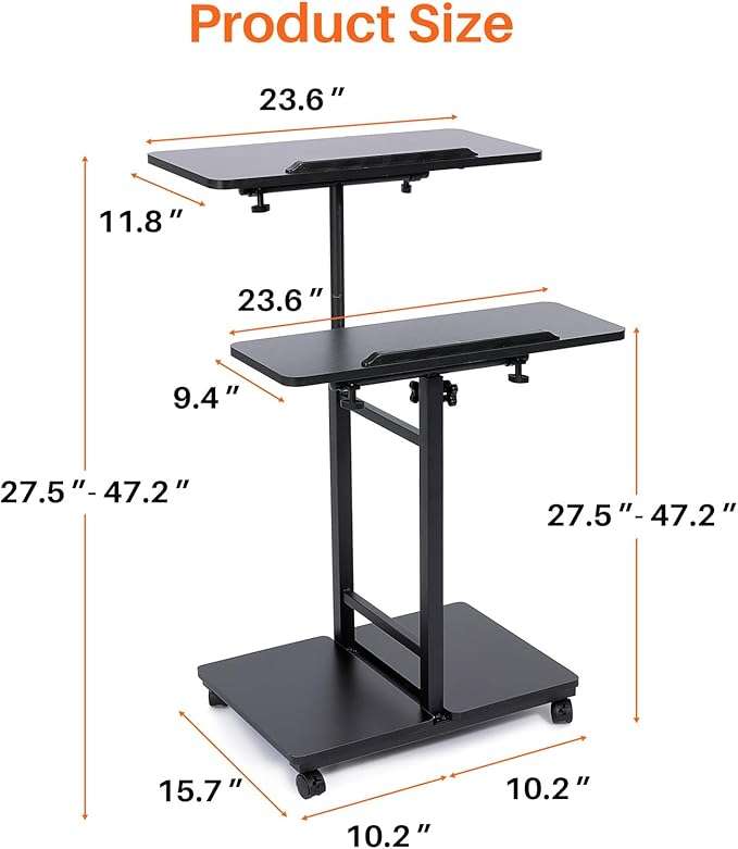 Mobile Laptop Stand Desk, Standing or Sitting Rolling Computer Cart with Tower Stand, Adjustable Height 27.5" to 47.2" Portable Laptop Table Home Office Computer Workstation, Locking Wheels