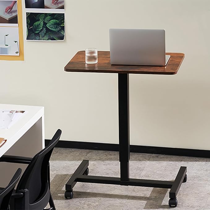 CLATINA Mobile Laptop Desk Pneumatic Sit to Stand Table Height Adjustable Rolling Cart with Lockable Wheels for Home Office Computer Workstation 28" x 19" Brown Round Edge Design Elegant