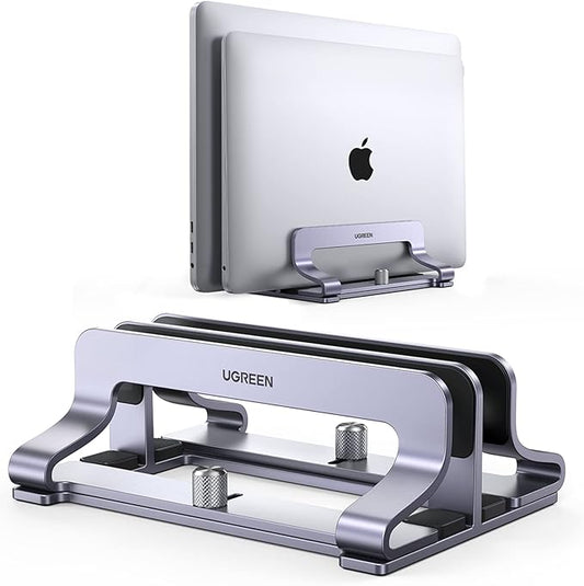 UGREEN 2-Slot Vertical Laptop Stand Holder Desk Compatible with MacBook Pro Air Laptop Stand Desktop Adjustable, Lenovo Ideapad, Surface Book, HP Notebook, Dell Chromebook Up to 17.3 Inch, Space Gray