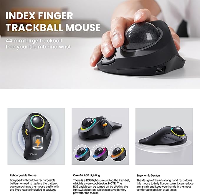JOMAA Wireless Bluetooth Computer Trackball Mouse with RGB Backlight,Finger Control, 3 Device Switch, Silent Rechargeable Ergonomic Drawing Office Mouse for Laptop, Desktop Computer, Tablet Phone