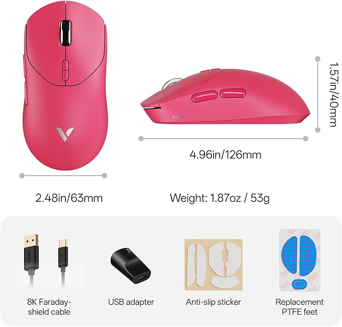 Rapoo VT2 MAX Wireless Gaming Mouse, True 8K Wireless Polling Rate, 53g Lightweight, Up to 750 Hr Battery, Nordic nRF54L15 MCU, 120-Million Optical Switch, 10 Programmable Buttons, Macro Enabled