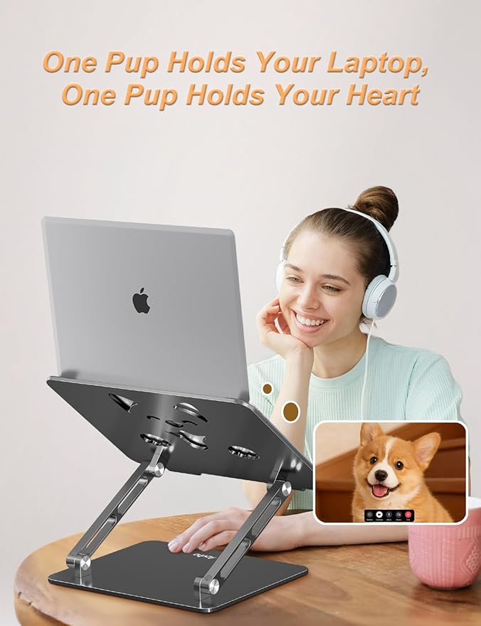 Aoviho Laptop Stand for Desk-Adjustable, Foldable, Portable, Ergonomic Aluminum Notebook Riser with Unique Puppy Cooling Vent, Desk Gift for 10-17.3" Devices Mac, Dell, HP, Lenovo, Samsung, Gray