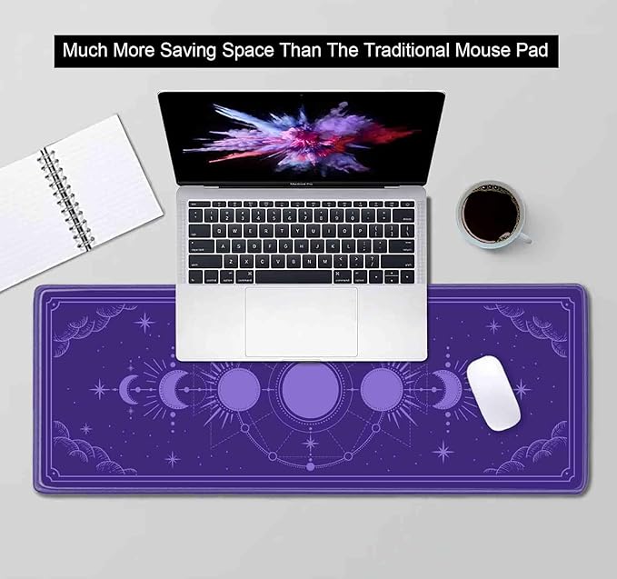 Kawaii Purple Large Gaming Mouse Pad, Moon Phase Magic Celestial Desk Mat Cute, Non-Slip Rubber Computer Mousepad, Laptop Desk Pad, 31.5x11.8 in