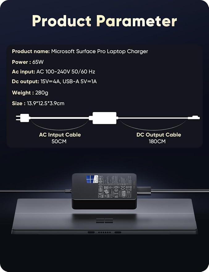 Microsoft Surface Pro Charger for 65W Windows Surface Charger 11,10,9,8.7+,7.6.5.4.3.X.Surface Laptop 6,5,4,3,2,1, Surface Go 3,2,1, Tablet, Surface Book 3,2,1, Support 44W, 36W,LED. 10FT