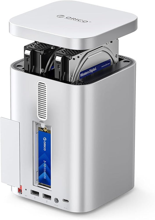 ORICO MiniTower 2 Bay RAID Enclosure Compatible NVMe SSD 10Gbps with Expansion Hub Docking Station for Mac mini M4 Max Up to 56TB-M435